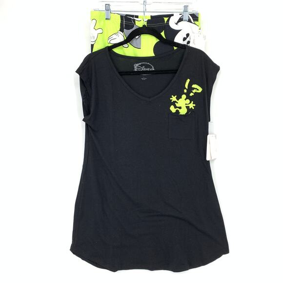 Disney Pajama Set Womens Size Large Tank + Capri Pant Black Lime Green Mickey - Picture 1 of 15